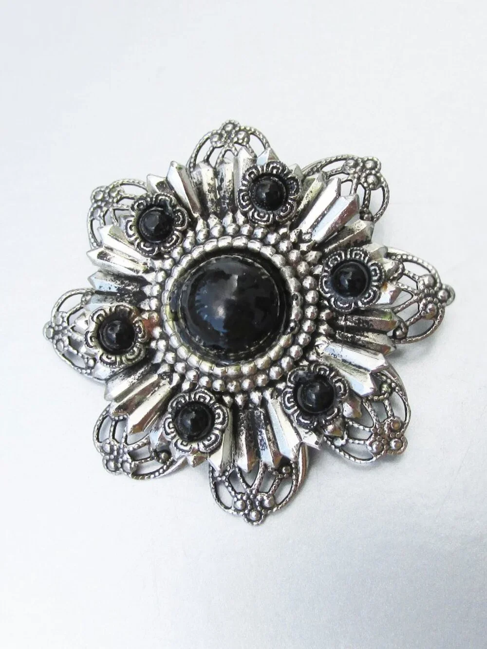 Vintage Silver-Tone Filigree & Black Glass Flower Brooch Pin